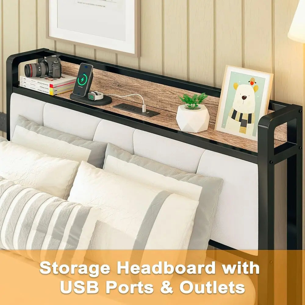 Twin Bed Frame with Storage Headboard & Charging Station – Solid, Noise-Free Platform Bed