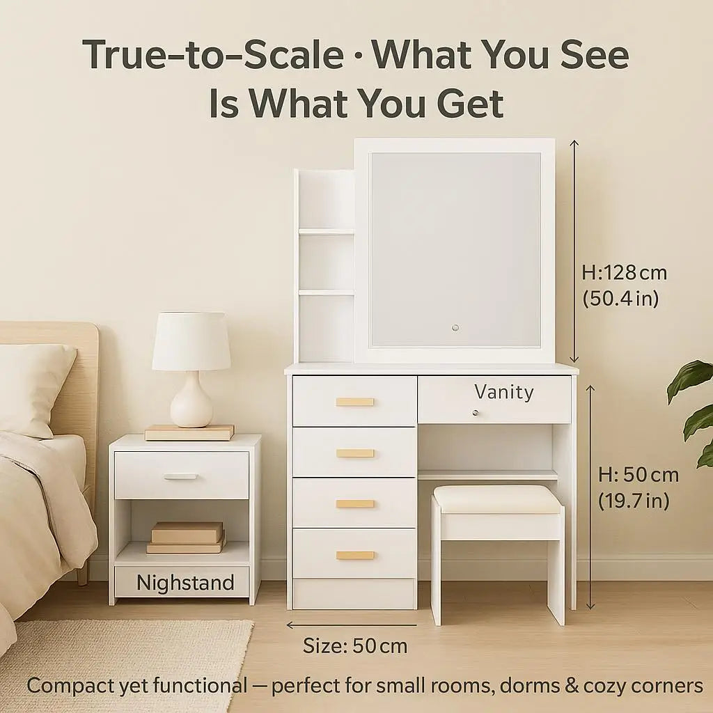 Large Vanity Table Set with LED Mirror, 5 Drawers & Shelves, Dresser Desk & Cushioned Stool, Easy Installation, Hidden Storage,