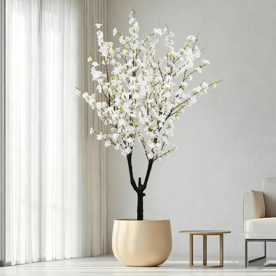 6ft 74in Tall Faux White Cherry Blossom Tree with Realistic Silk Flowers in Pot for Indoor and Outdoor Home Decor Perfect for W