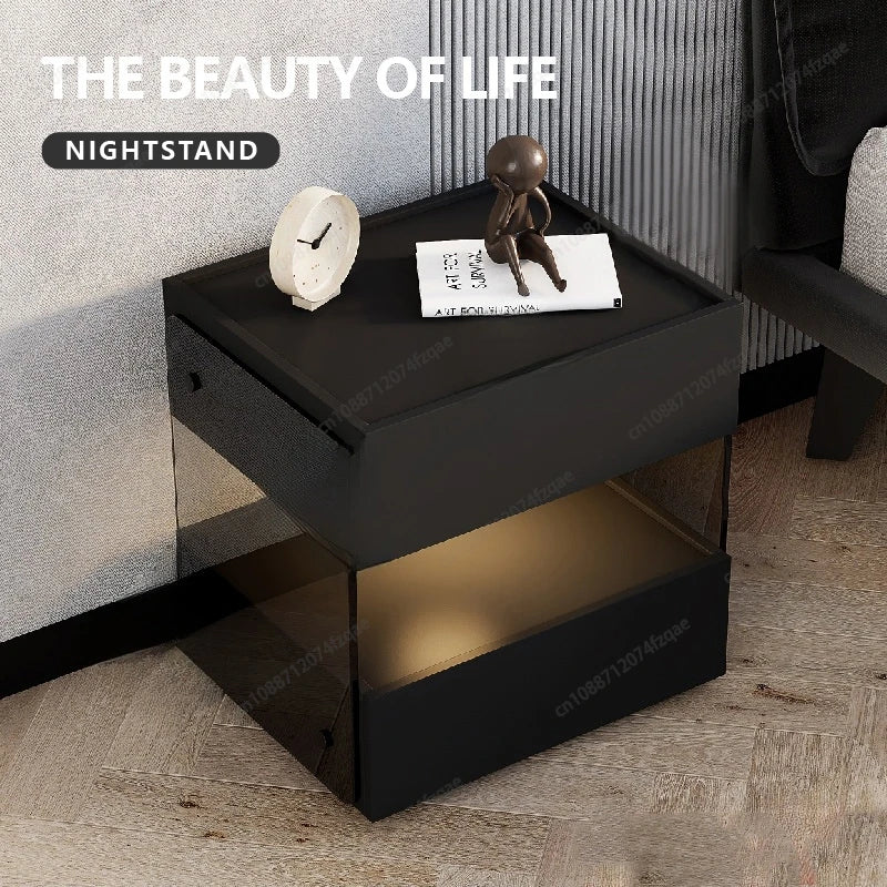 Italian Design Bedside Cabinet with Tempered Glass and Silent Drawer Organizer for Home Bedroom Furniture Eco Friendly Material