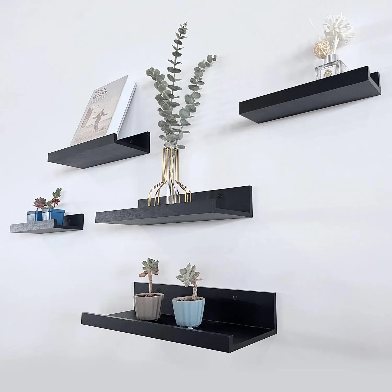 Black Floating Shelves | Set of 5 | Wall Shelf | Wood Bathroom Shelves | Bedroom | Living Room | Kitchen | Office & More (Black