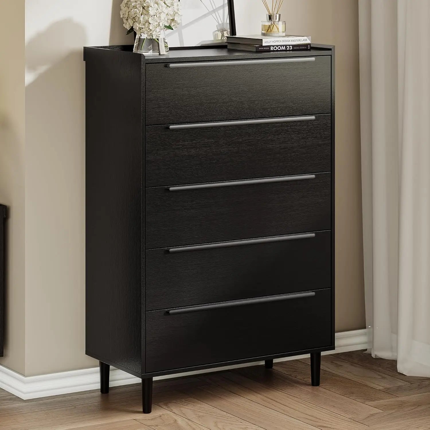 Modern Minimalist 60" Black Dresser for Bedroom, Large 6 Drawer Storage Cabinet with Sleek Metal Handles, Clothes Organizer