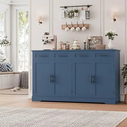 60' Modern Buffet Sideboard with 4 Drawers, Gold Handles, Blue Kitchen Cabinet