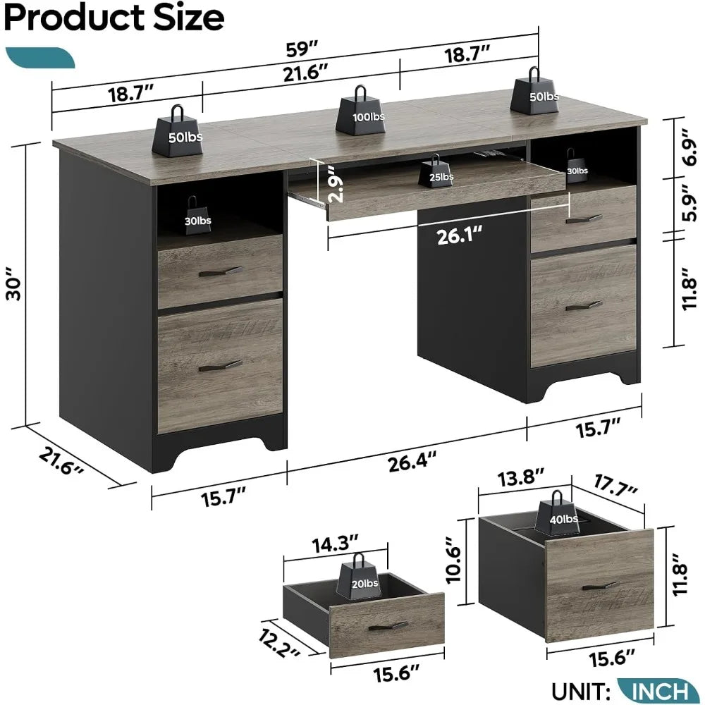 Industrial Executive Computer Desk with 4 Drawers, File Drawer, Keyboard Tray & Dual Pedestals