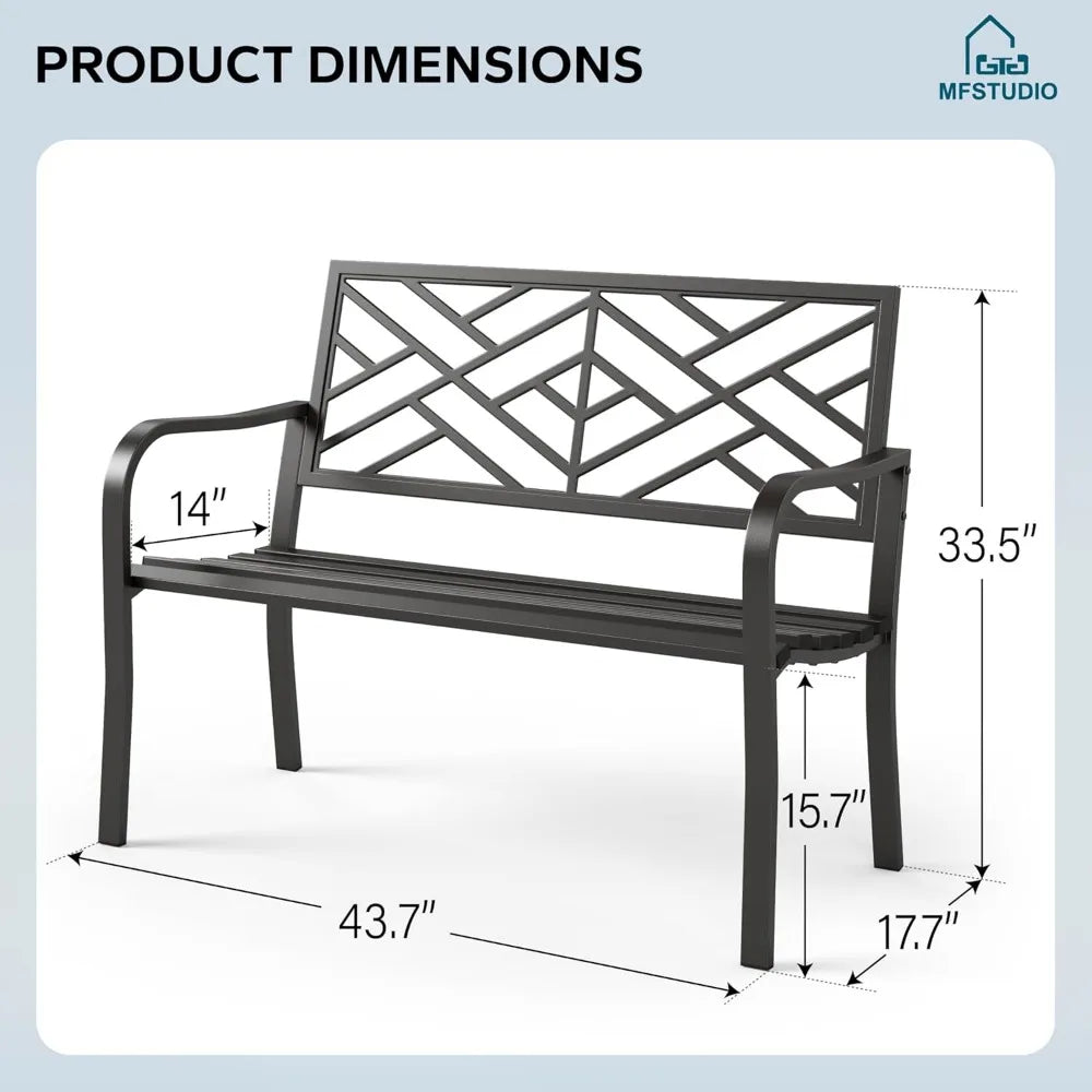 7 Inches Outdoor Garden Bench,Cast Iron Metal Frame Patio Park Outside Benches with Geometric Pattern Backrest for Front Porch