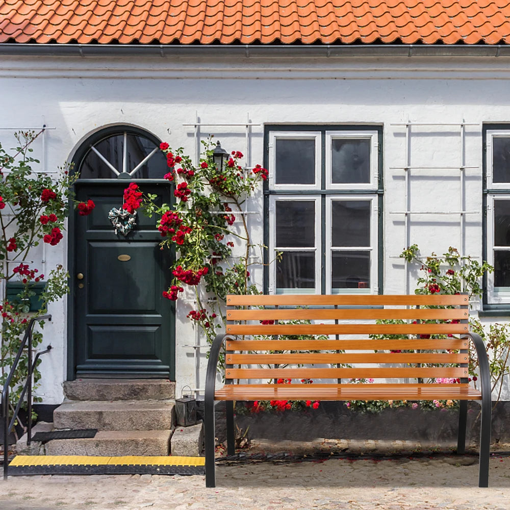 48" Hardwood Slotted Steel Cast Iron Frame Outdoor Patio Garden Bench Park Seat Classic Design, Blend Perfectly With Nature