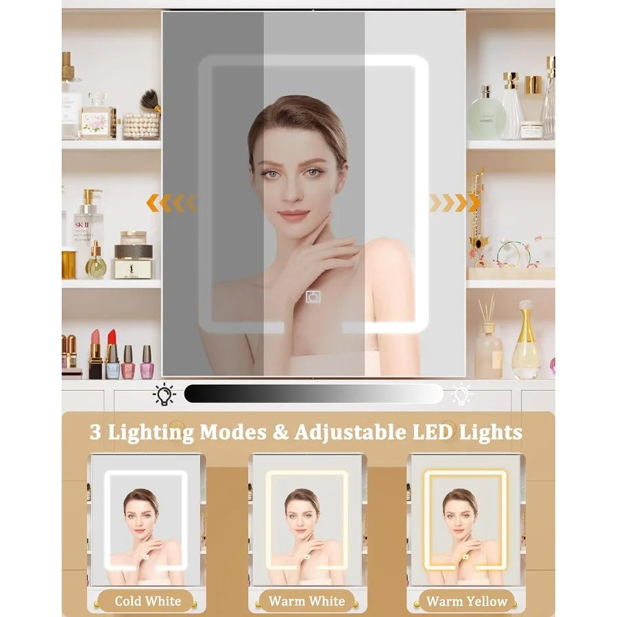 White Vanity Desk with LED Lights and Sliding Mirror for Bedroom 5 Drawers 2 Cabinets 6 Shelves Power Outlet Modern Makeup Desk