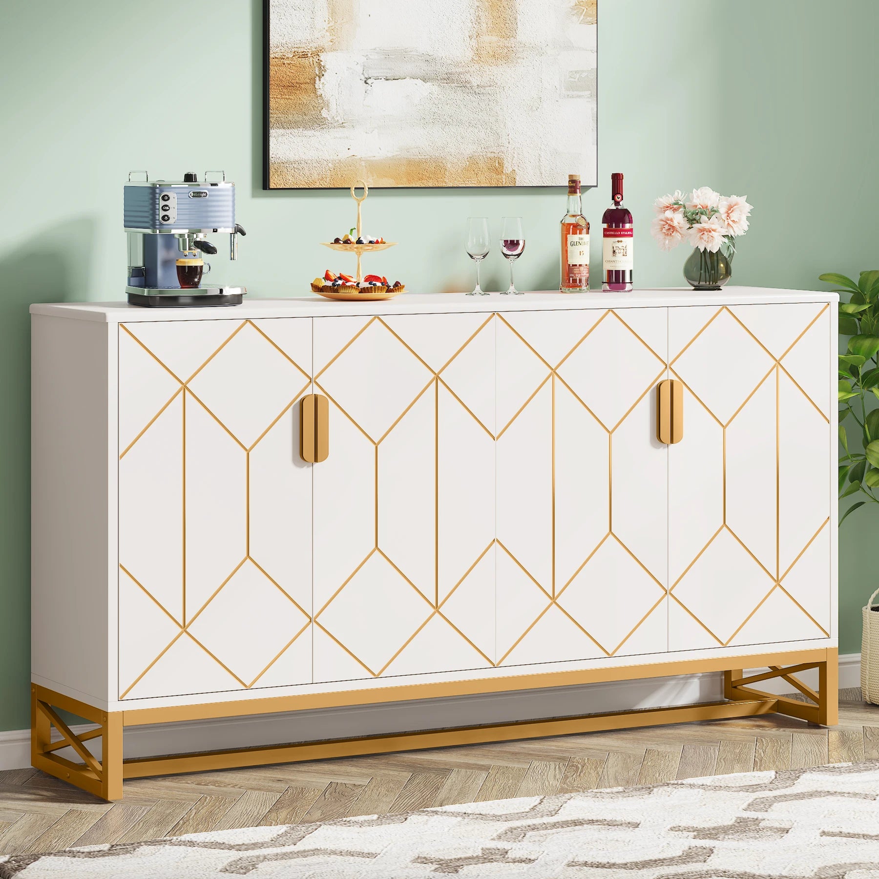 Tribesigns 59" White Gold Buffet Cabinet with Storage Kitchen Sideboard Storage Cabinet
