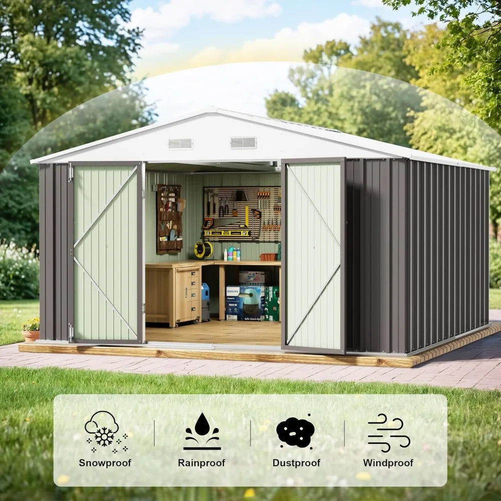 Large Grey Metal Outdoor Storage Shed - 10x10 FT Garden & Tool Shed for Backyard Patio Lawn