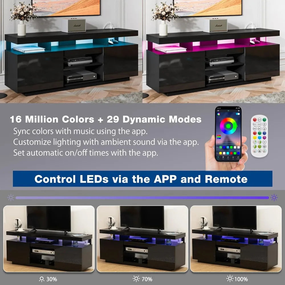 LED TV Stand for 75 Inch TV, Modern Tall Entertainment Center with Power Outlet, Gaming TV Consoles with Storage,