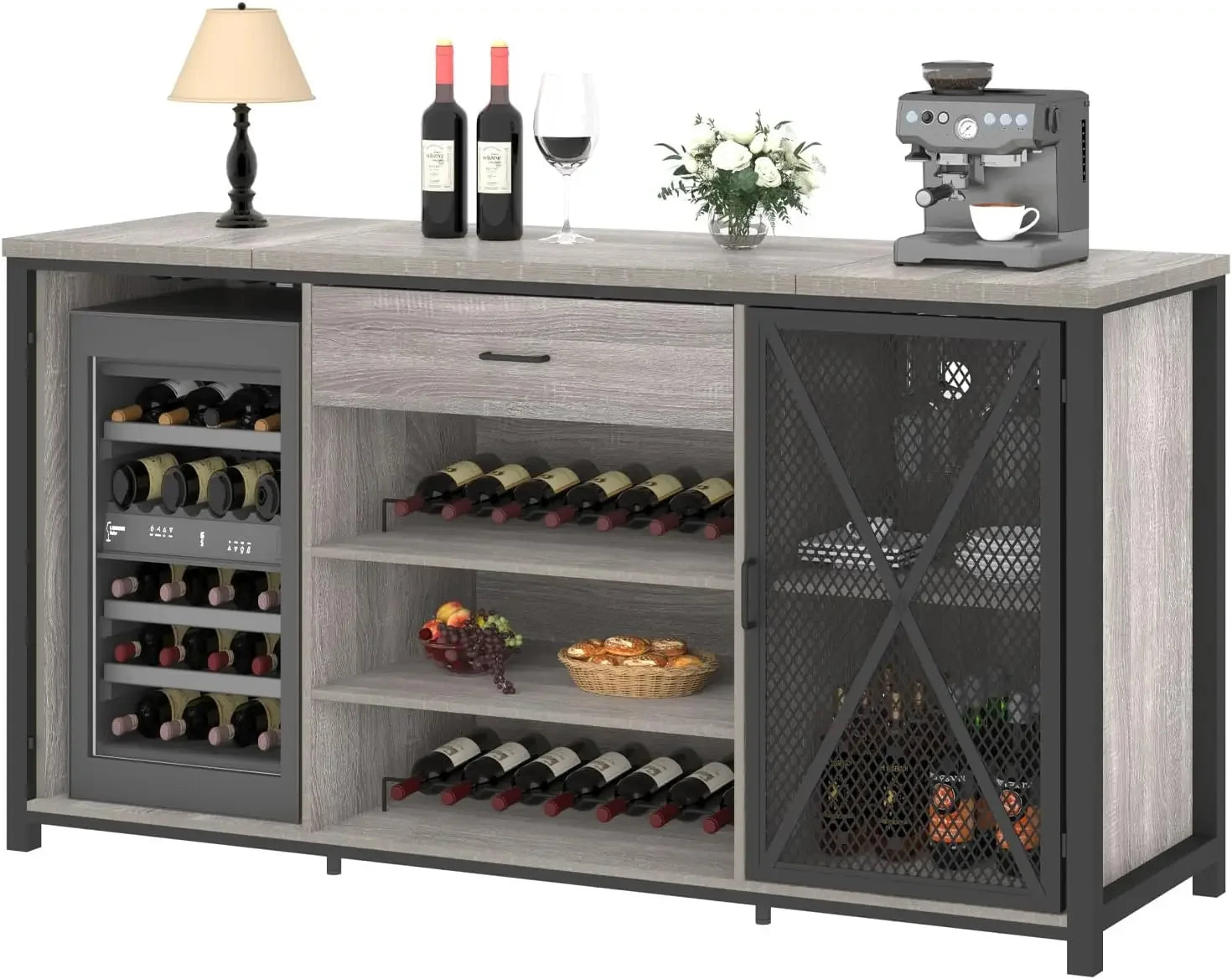 Farmhouse Wood & Metal Wine Cabinet – Large Bar Cabinet with Refrigerated Space