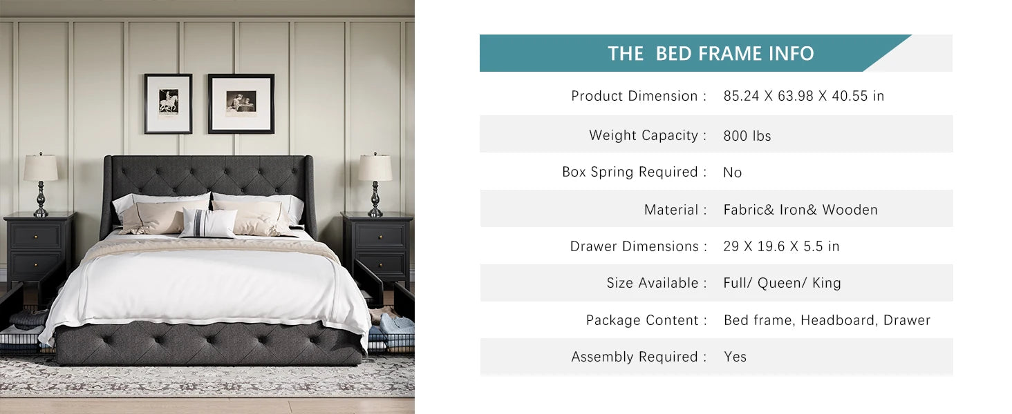 Upholstered Platform Bed Frame with 4 Storage Drawers – Wingback Button-Tufted Headboard