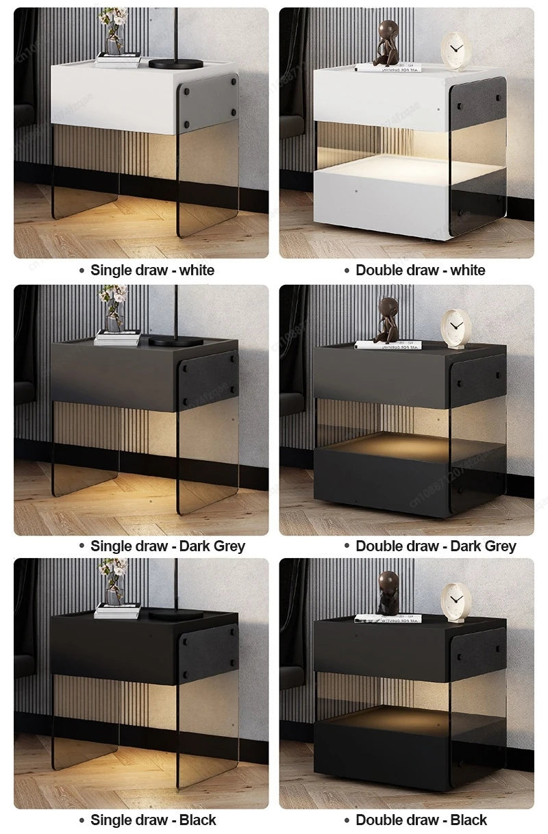 Italian Design Bedside Cabinet with Tempered Glass and Silent Drawer Organizer for Home Bedroom Furniture Eco Friendly Material