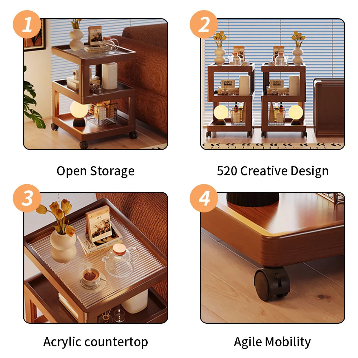 Geometric 3-Tier Bamboo Storage Side Table with Acrylic Surface & Wheels, Tea Brown Living Bedroom Furniture