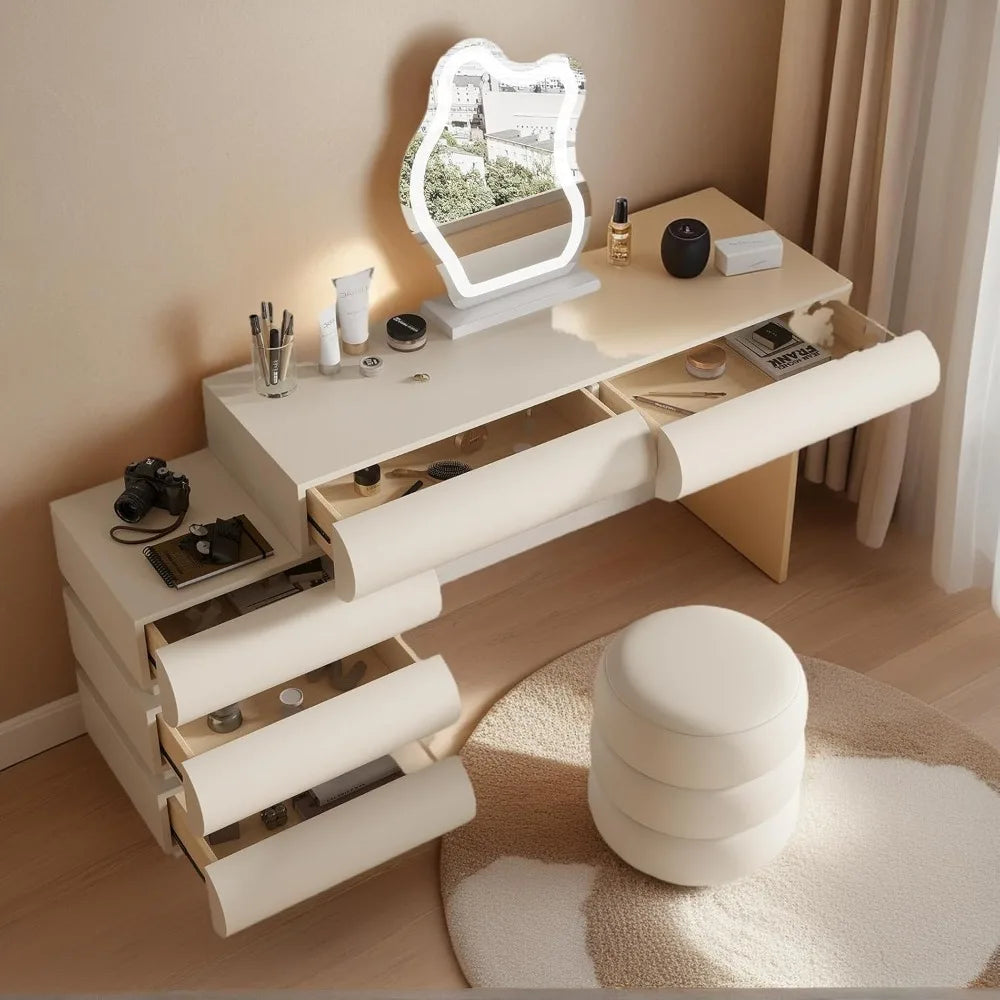 Makeup Vanity Desk with Mirror and Lights, Luxury Vanity Set with Side Cabinet, Microfibre Leather Wrapped Dressing  Table