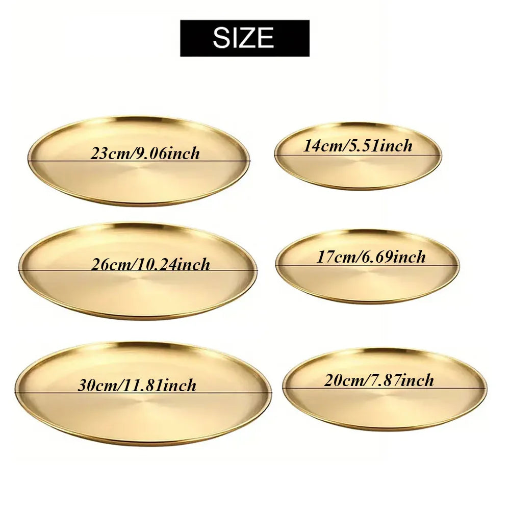 Gold Stainless Steel Round Plate – Rust-Proof Shallow Tray for Dining & Outdoor Use