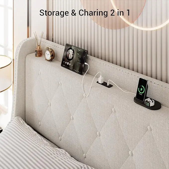 Queen Size Bed Frame with USB Ports & Charging Outlets – Storage Platform Bed with Metal Frame