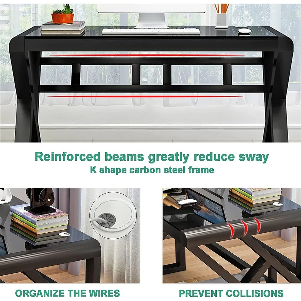 55.1-Inch Modern Minimalist Black Glass Computer Desk – Home Office Study Desk