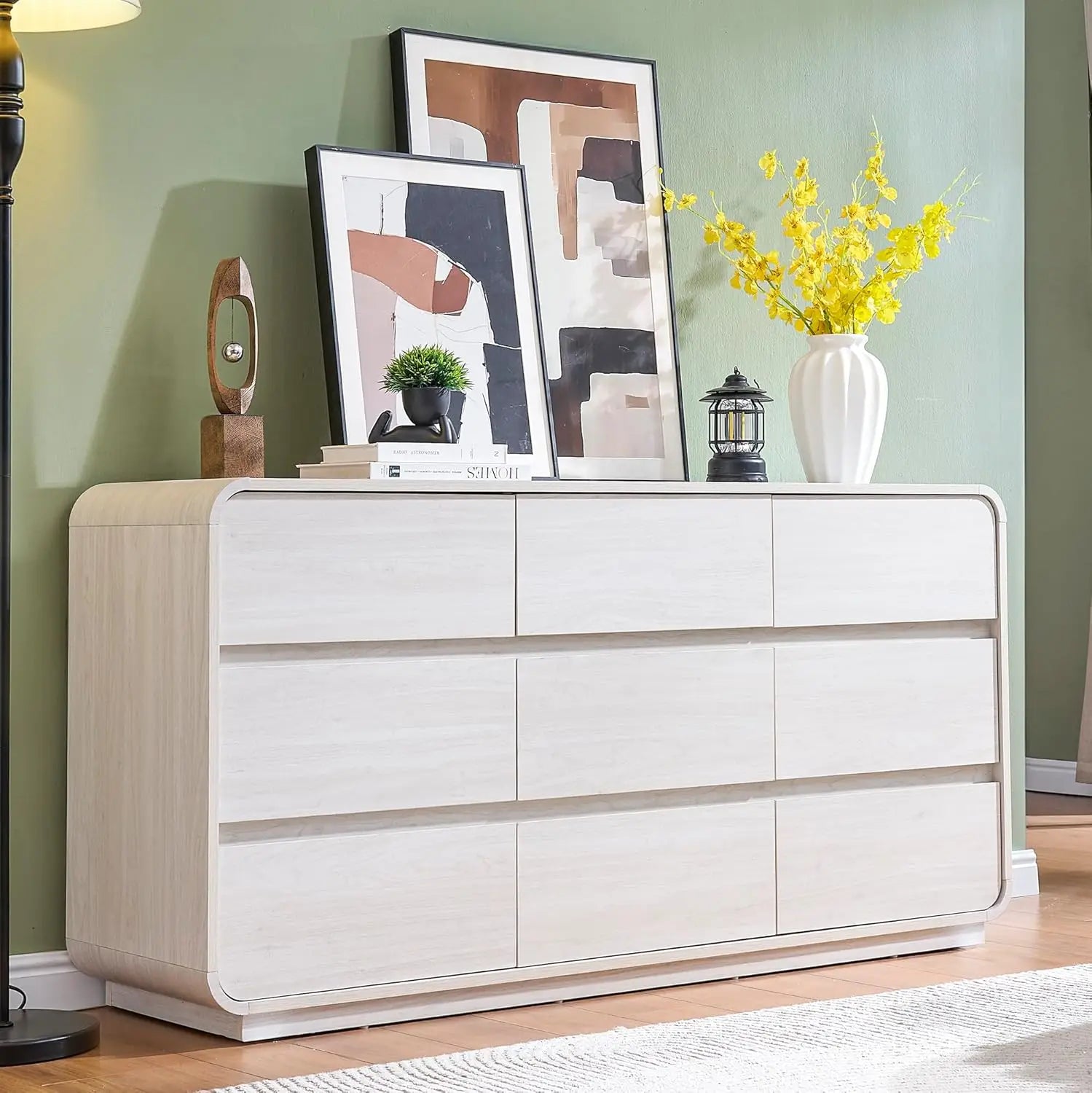 9 Drawer Double Dresser for Bedroom, Modern Curved Wood Chest Drawers of Handleless, Large Storage Dresser Bedroom, Living Room