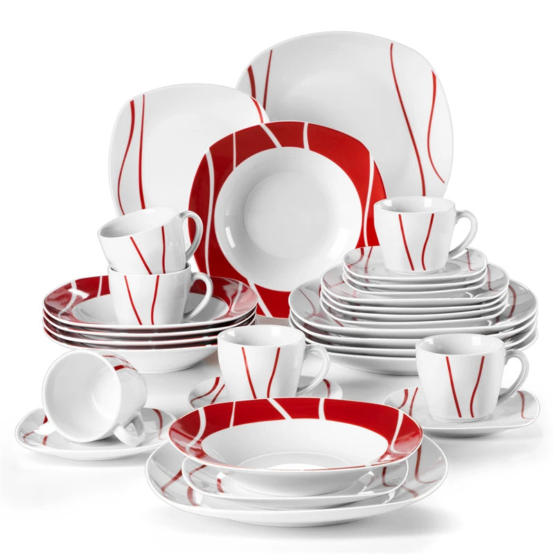 MALACASA Series Felisa 30 Piece Red Stripes Ivory White Porcelain Dinner Set with 6 Piece Cups Saucers Dessert Soup Dinner Plate