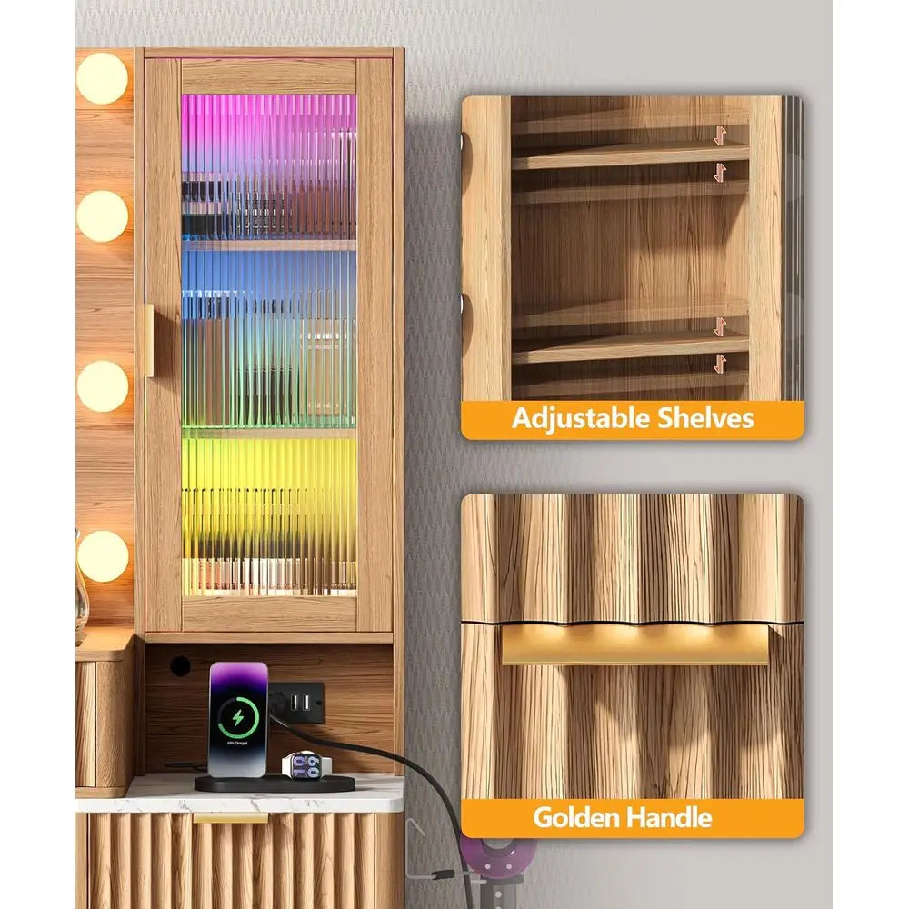 LED-lit 30.1 Mirror Vanity Desk with 8 Drawers, Glass Top, Power Outlet, Natural Oak Makeup Table for Bedroom