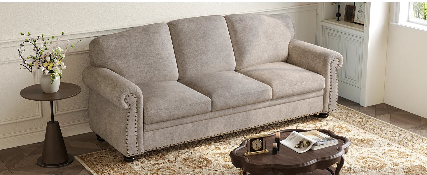 90 Inch Nailhead Trim Couch for Living Room, 23 Inch Deep Seat Rolled Arm Sofa, Comfy Upholstered 3 Seater Chenille Couch w/Wood