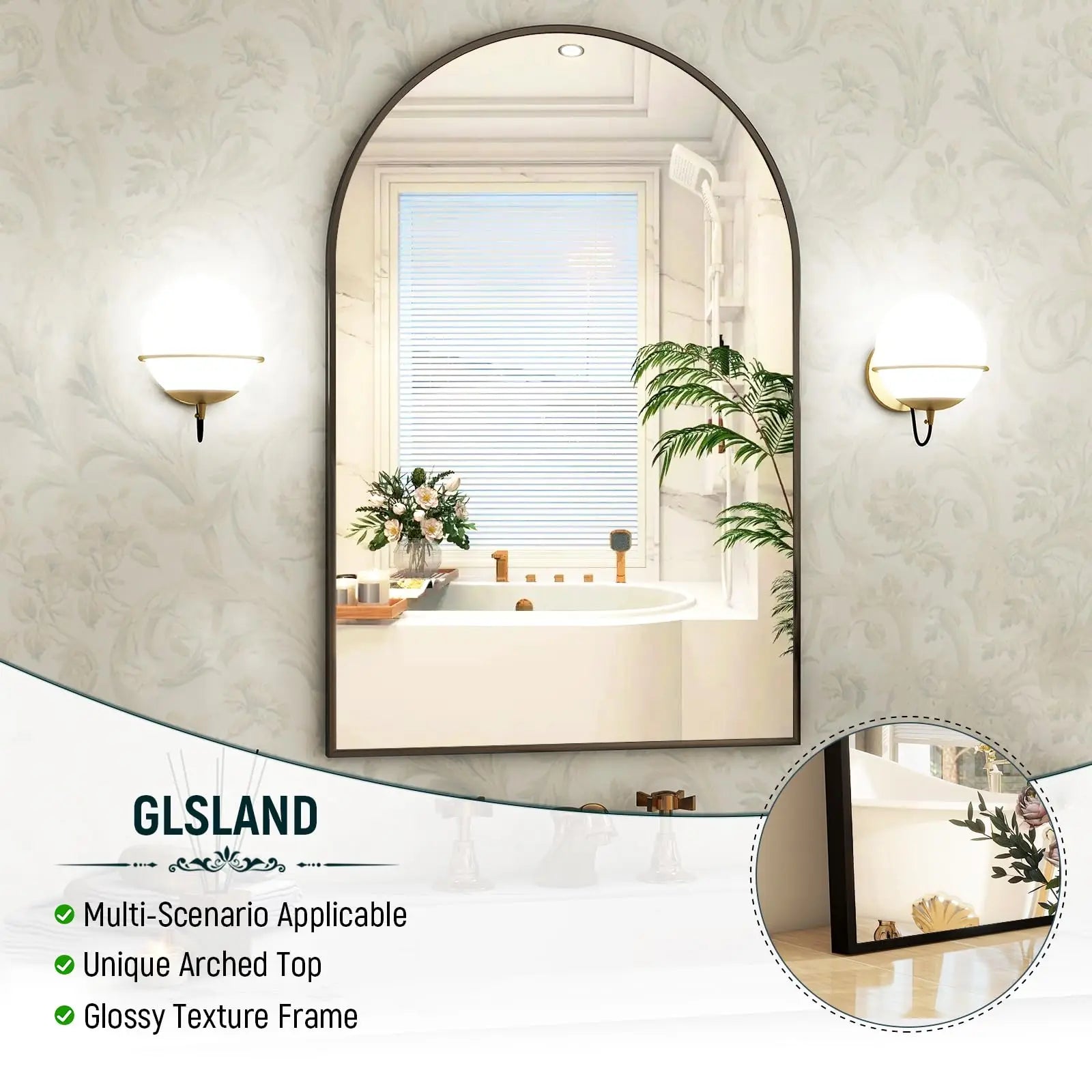 20x30 inch Arch Bathroom Mirror - Arched Bathroom Mirror/Wall Mounted Vanity Mirror - Arch Metal Frame Wall Mirror