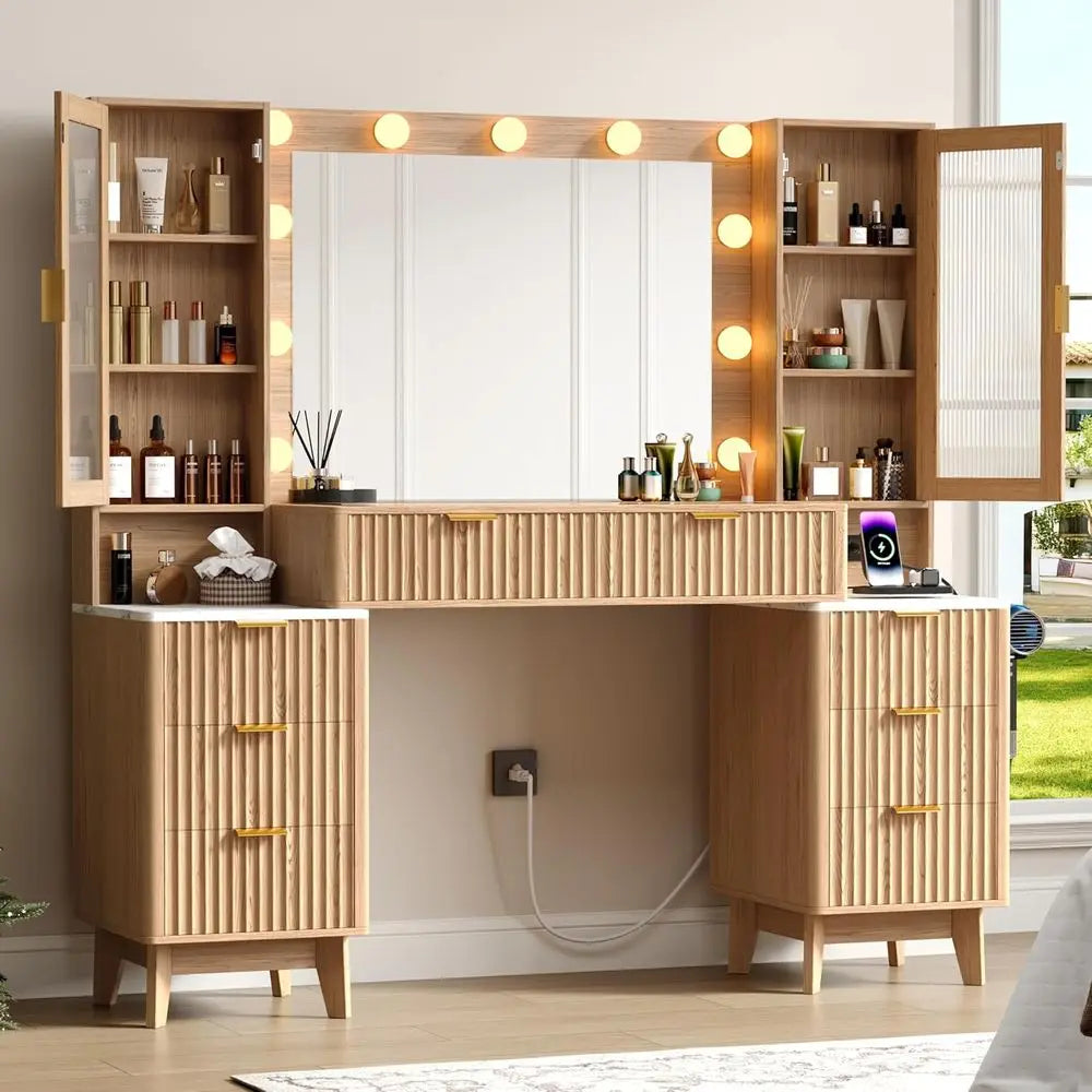 LED-lit 30.1 Mirror Vanity Desk with 8 Drawers, Glass Top, Power Outlet, Natural Oak Makeup Table for Bedroom
