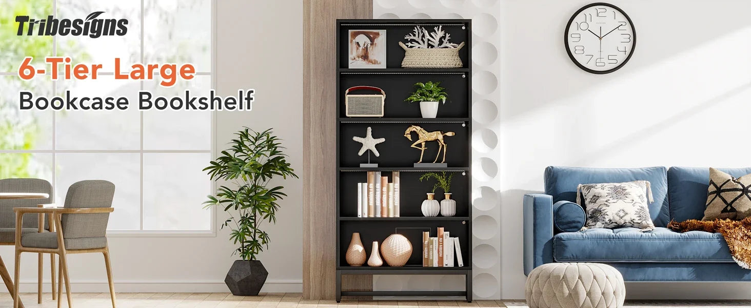Tribesigns Tall Bookcase – Black 70.8″ Heavy-Duty Library Bookshelf Organizer