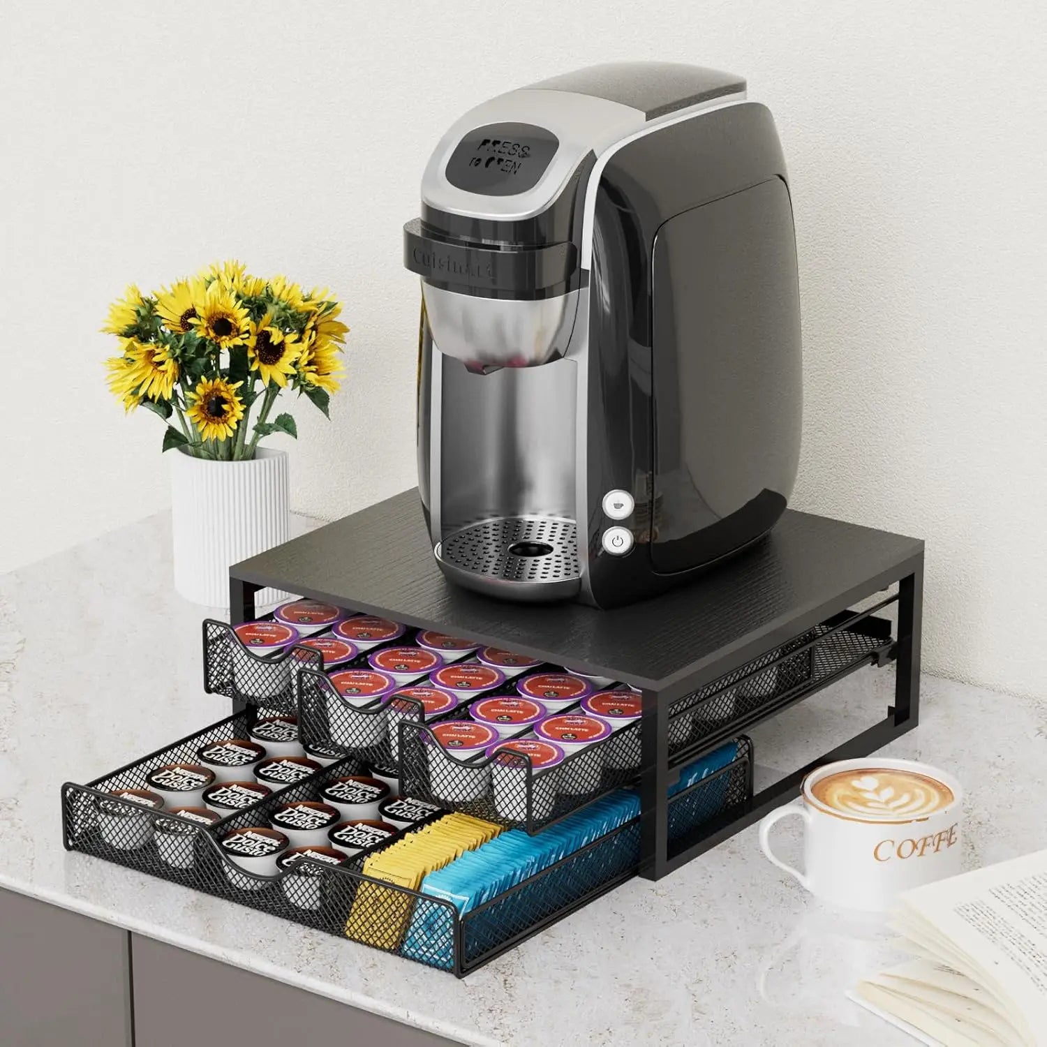 3-Pull-Out Coffee Pod Holder – 72 K-Cup Wooden Sliding Organizer (Black)