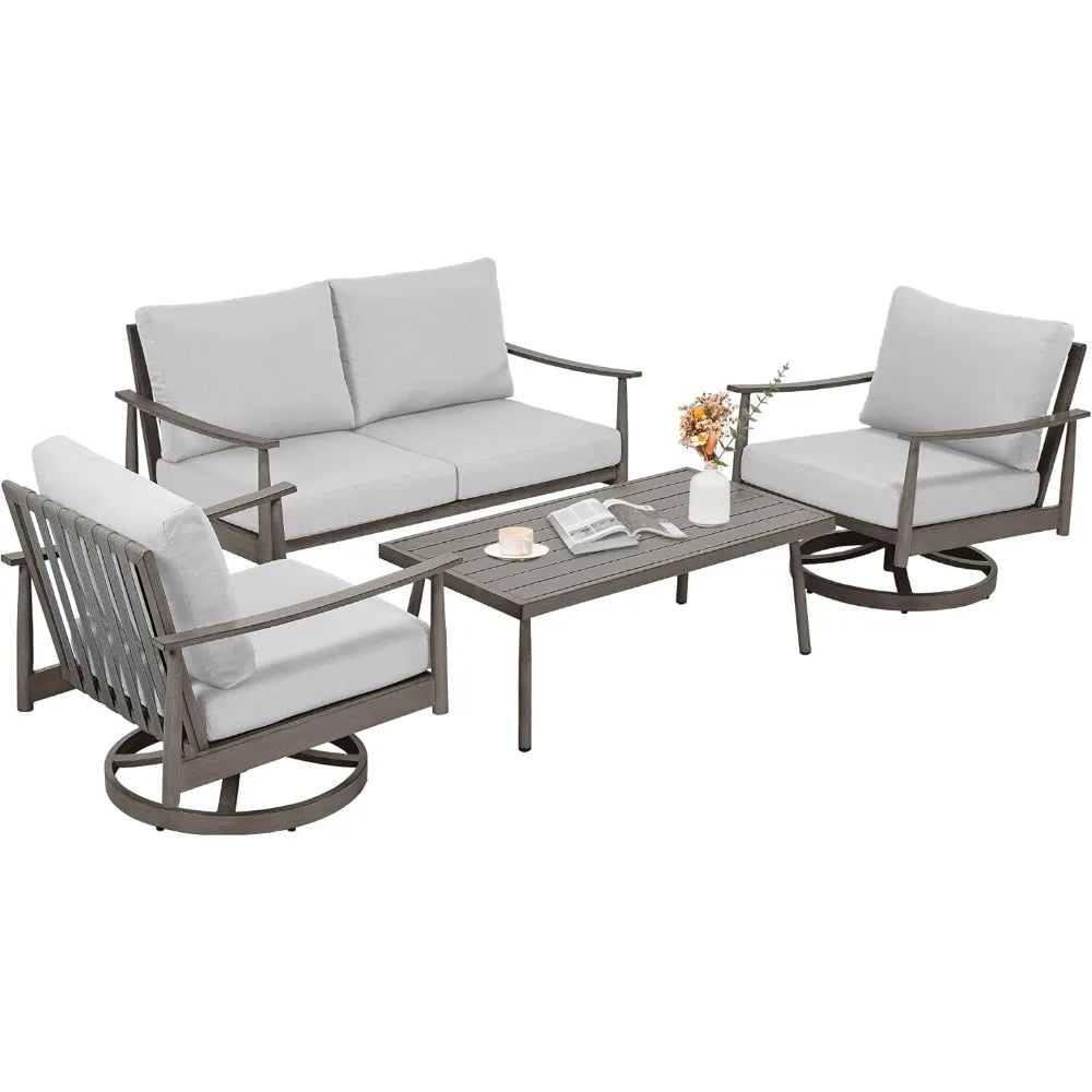 4 Pieces Patio Furniture Set, Aluminum Outdoor Patio Furniture Sets, 2 Swivel Chairs and Loveseat with Thick Cushion, Patio Conv