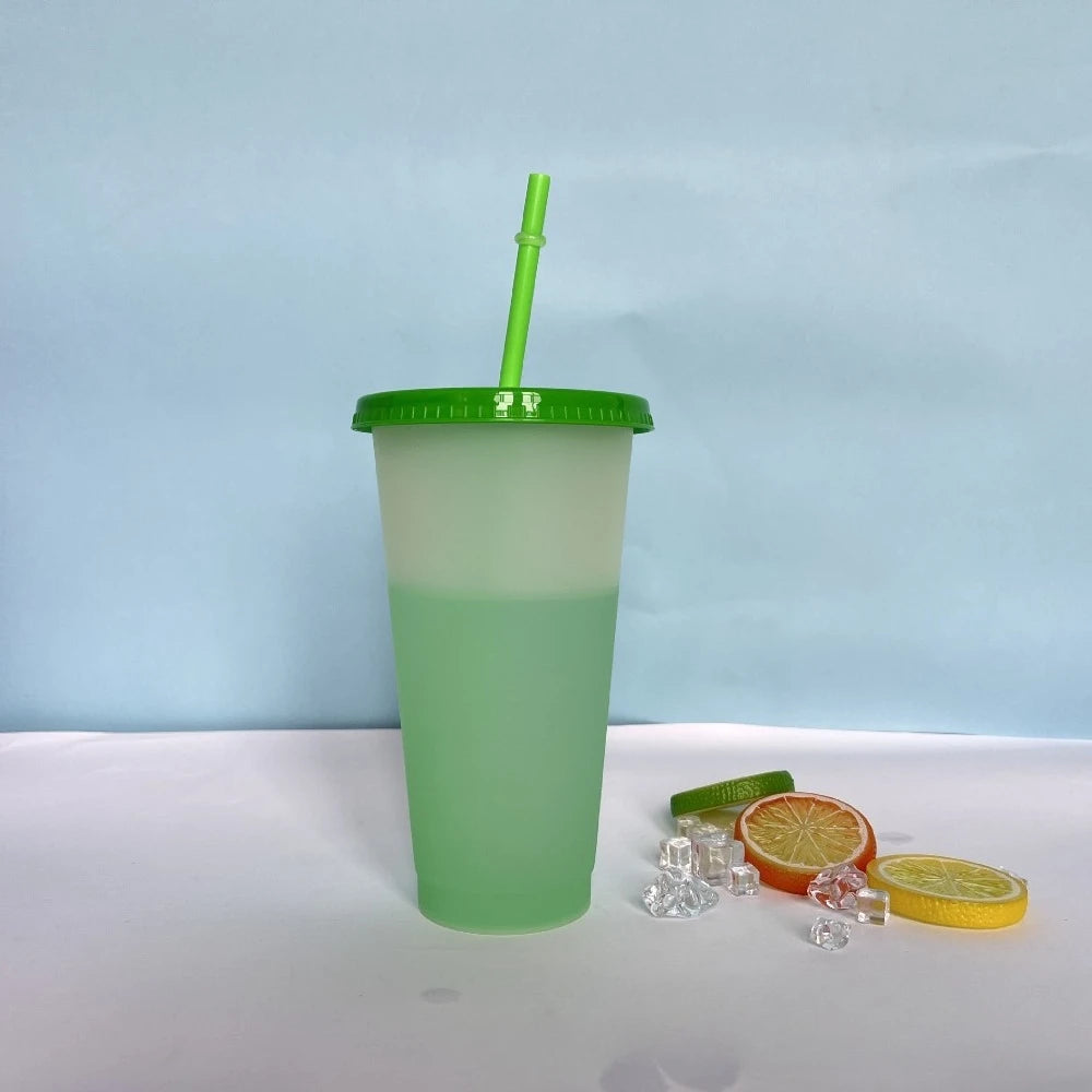 New 24oz 10Pcs Color Changing Cups with Lids and Straws 710ml Plastic Tumblers Cute Iced Coffee Cup Reusable Cups Bulk
