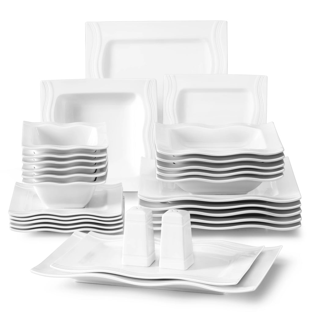 MALACASA Square White Porcelain Dinnerware Set – 28 Piece Plates, Bowls & Serveware Set