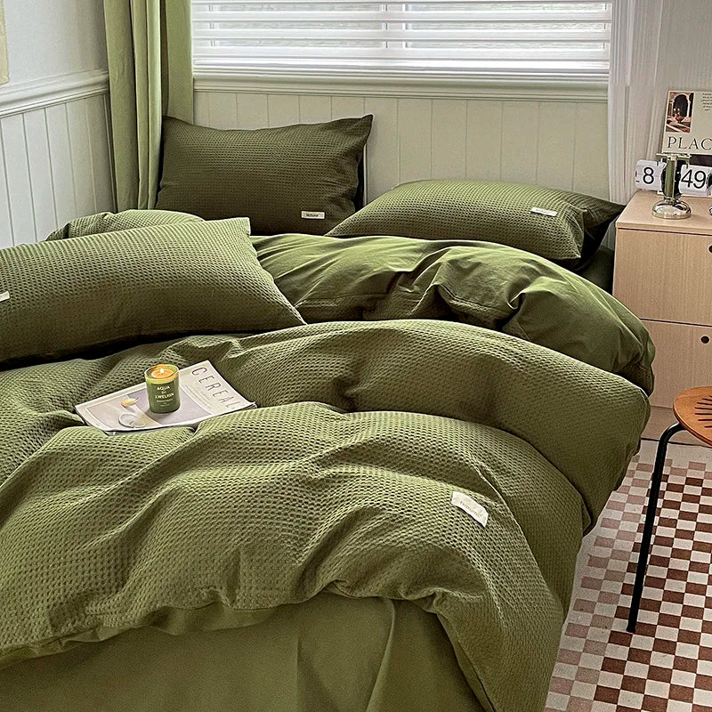 Simple Waffle Jacquard 100% Cotton Bedding Set Soft Comfortable Queen Duvet Cover Set with Sheets Quilt Cover and Pillowcases