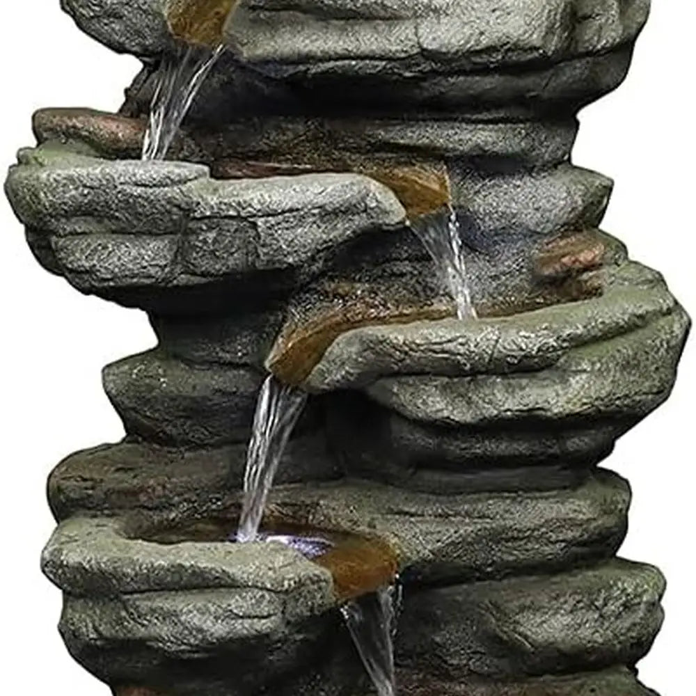 6-Tier Rock Waterfall Fountain with LED Lights, 30.7 Outdoor Home Garden Decor