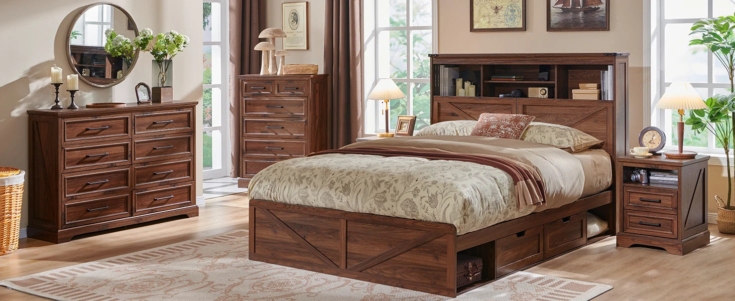 King Size Farmhouse Wood Bed Frame with Storage Bookcase Headboard, LED Light & Charging Station (Black)