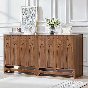 Sideboard Buffet Cabinet with Storage Set of 2, 63” Wide Mid Century Modern Wood Storage Cabinet with 4 Doors and Adjustable She