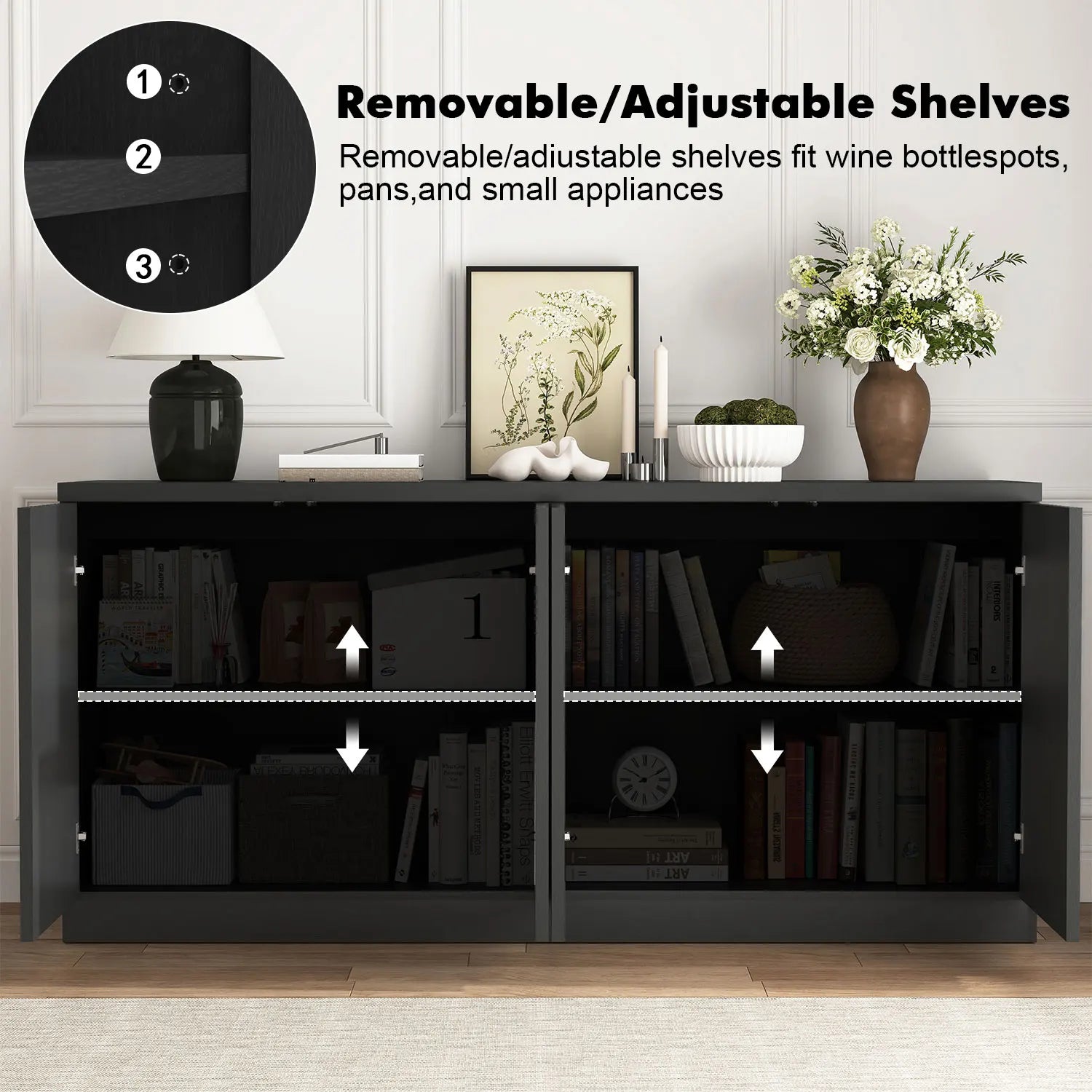 63‘’Fluted Sideboard with Storage 4 Doors & Adjustable Shelves Buffet Cabinet Large Modern Credenza Accent Console Cabinets