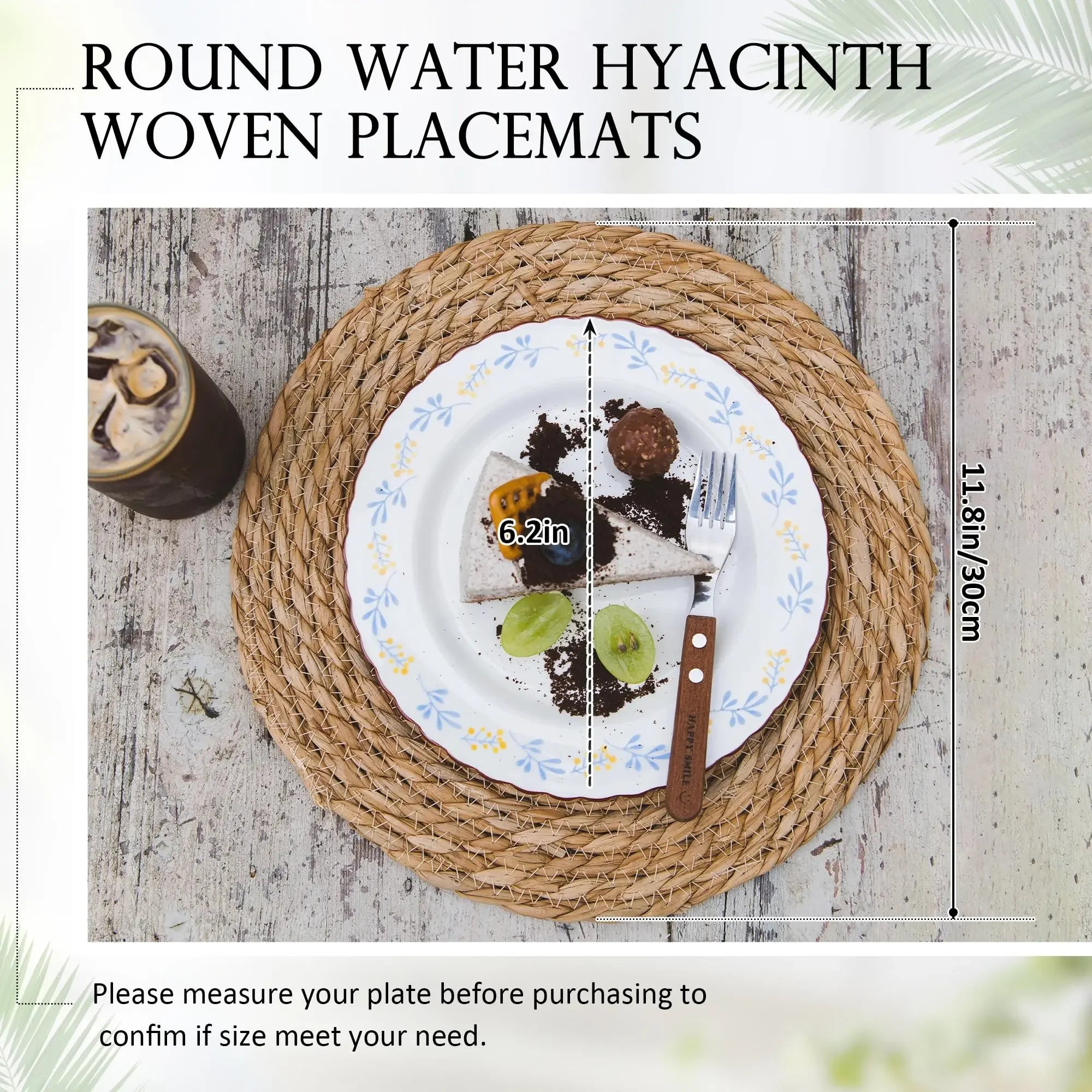 Set of 10 - 11.8" Round Natural Woven Placemats, Handmade Rattan/Water Hyacinth Place Mats, Farmhouse Style for Dining Table