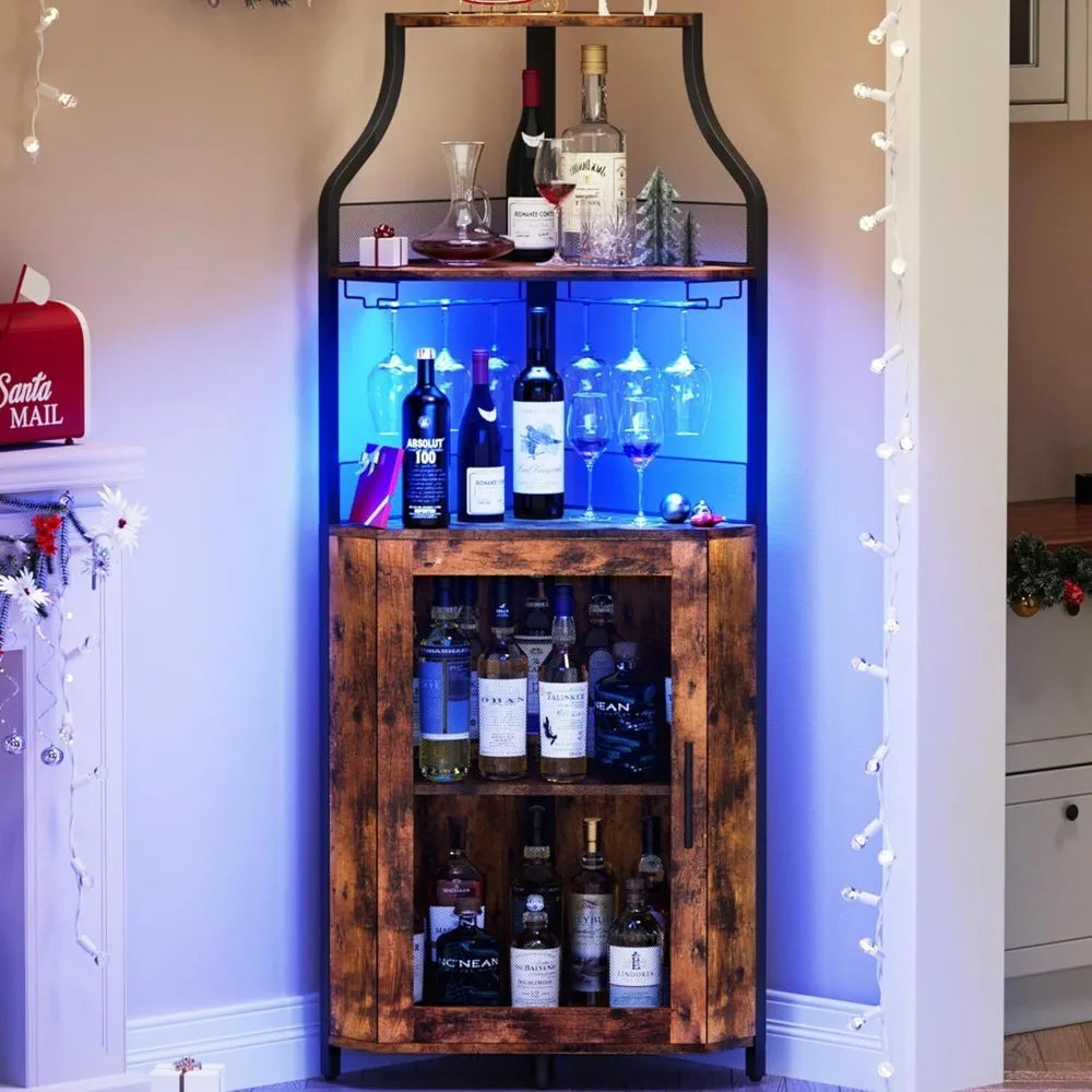Corner Bar Cabinet – 5-Tier Industrial Wine & Liquor Cabinet with LED Lights