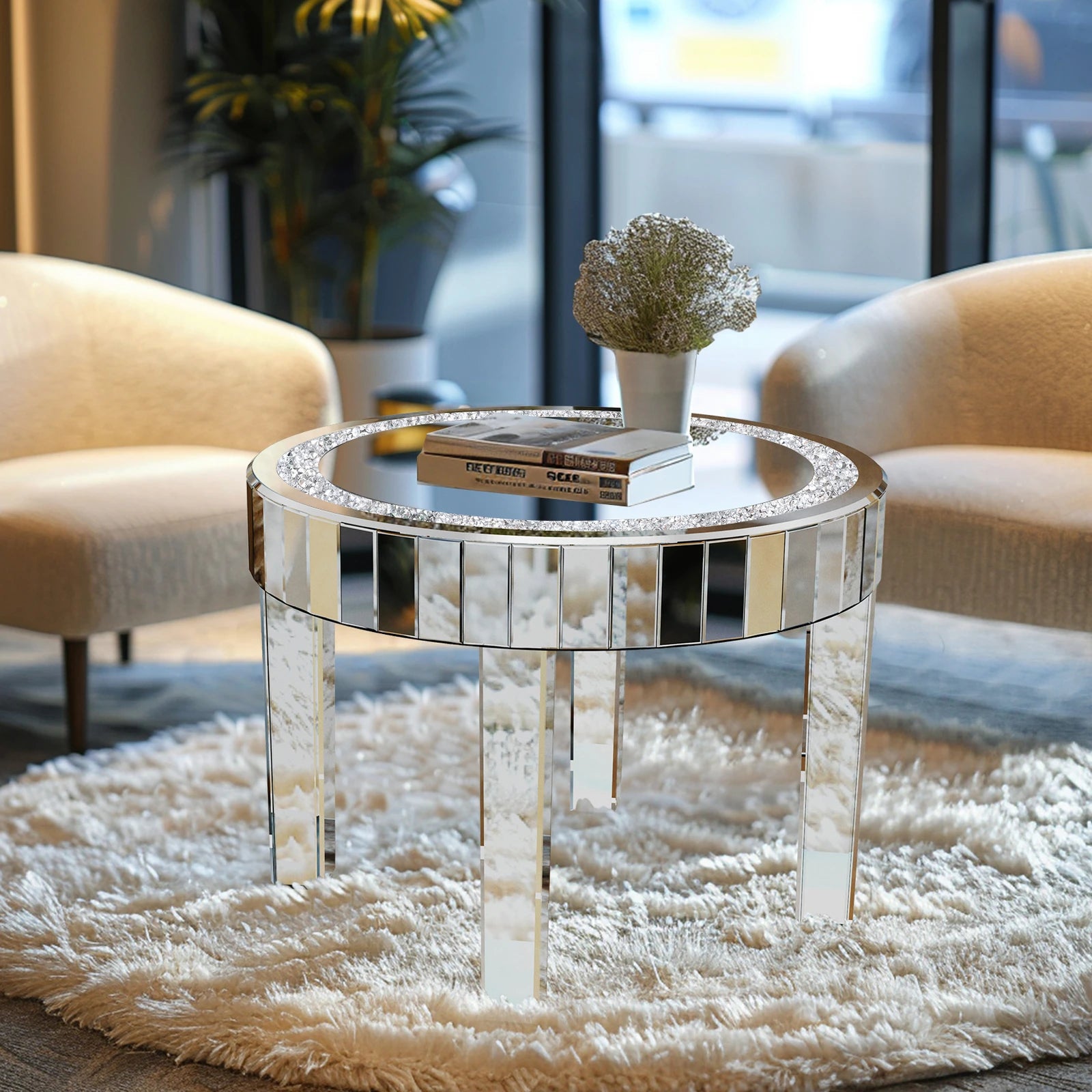 Crushed Crystal Mirrored Coffee Table – 60cm Round Accent Table