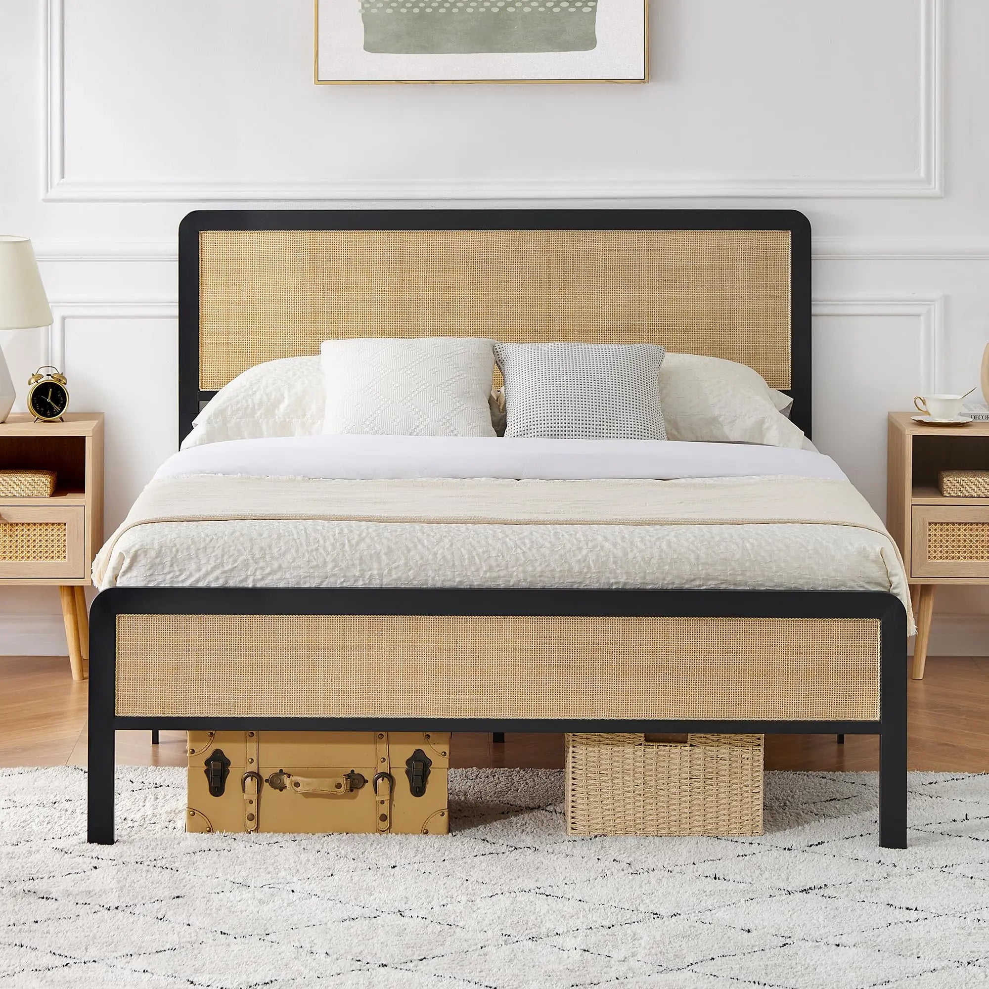 Metal Platform Bed Frame with Rattan Headboard & Footboard – Rounded Corners