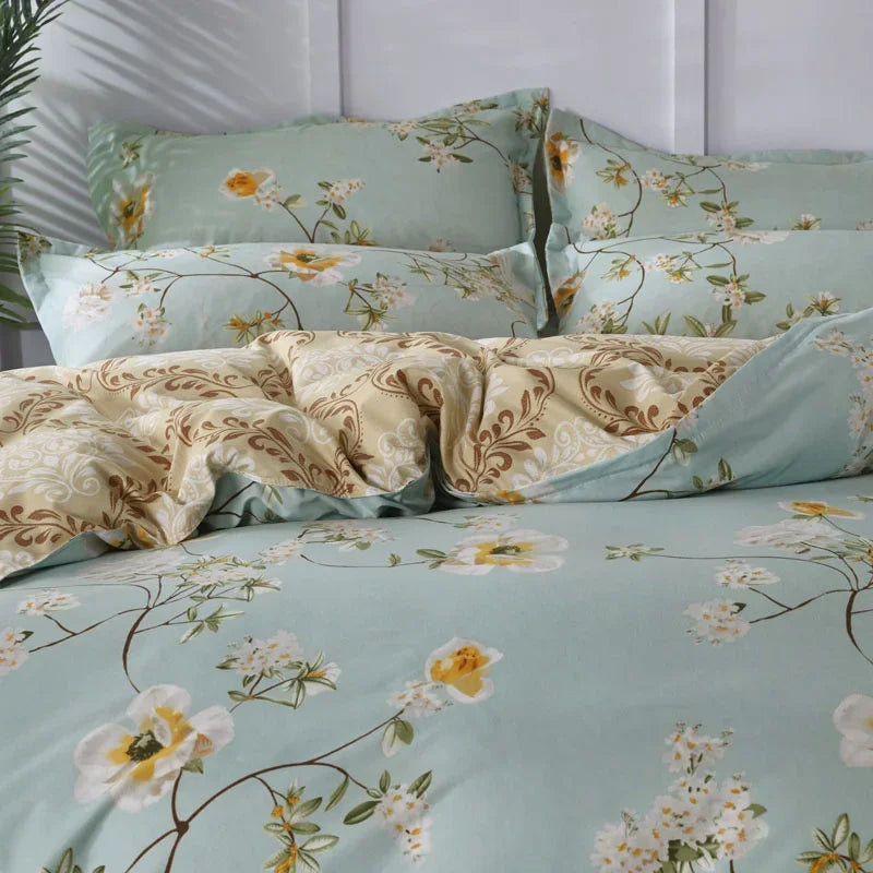 White Green Botanical Floral Duvet Cover Set Queen Reversible Gold Paisley Pattern Bedding Set Soft Microfiber Comforter Cover