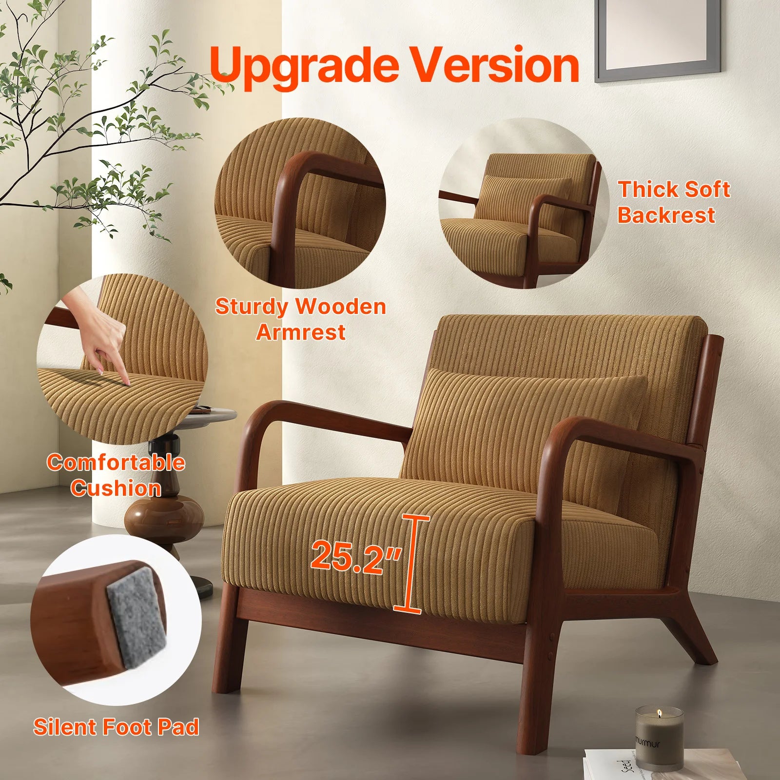 Mid-Century Modern Accent Chair – Fabric Reading Chair with Solid Wood Frame