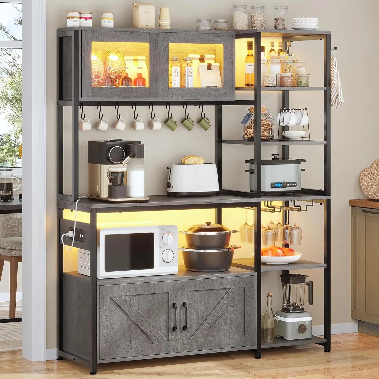 45.3″ Farmhouse Baker’s Rack – Coffee Bar Cabinet with Power Outlet & LED Light