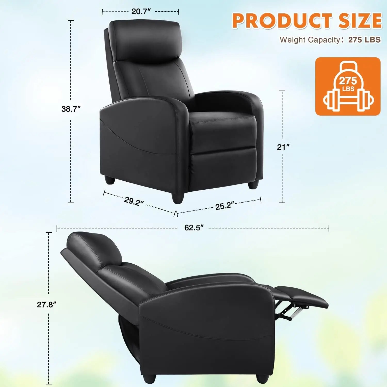 Adjustable Massage Recliner Chair with Lumbar Support, Modern Fabric Black Home Theater Seating