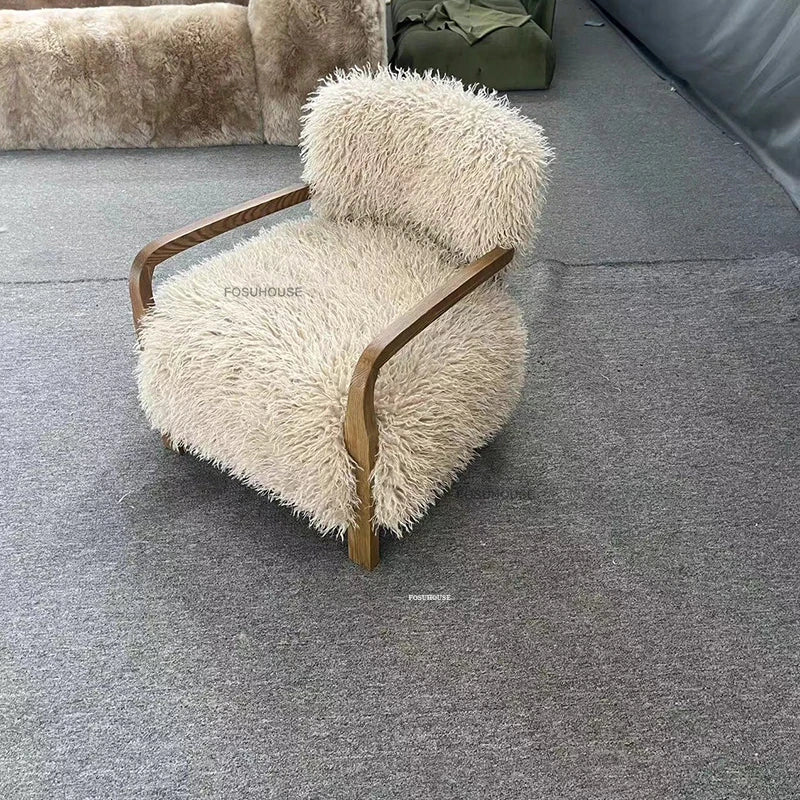 Modern Fabric Accent Chair – French Light Luxury Wood-Back Lounge Armchair