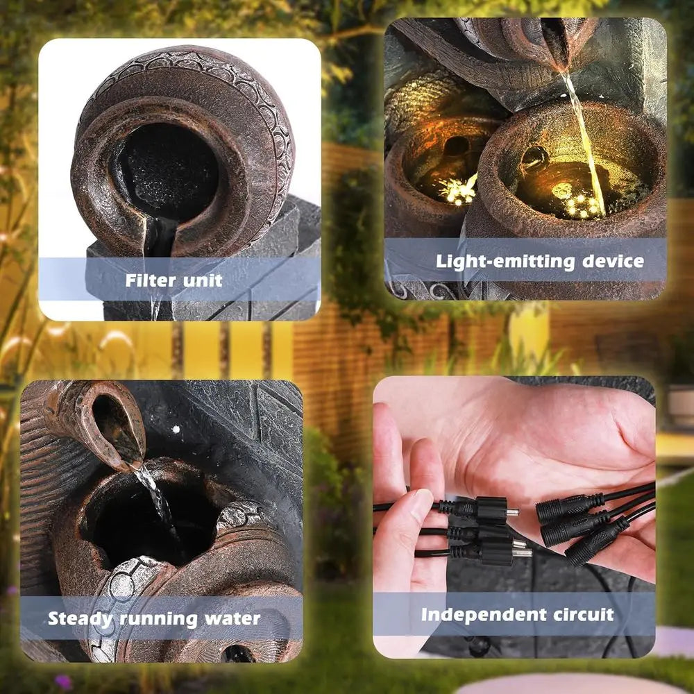 Outdoor Water Fountain, Garden Waterfalls Fountains with LED Lights, 6 Tier Modern Indoor/Outdoor Floor Standing Water Fountain