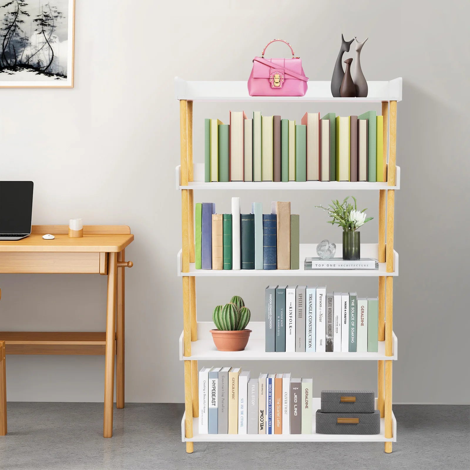 5-Layer Wooden Bookshelf – Modern High Display Bookcase