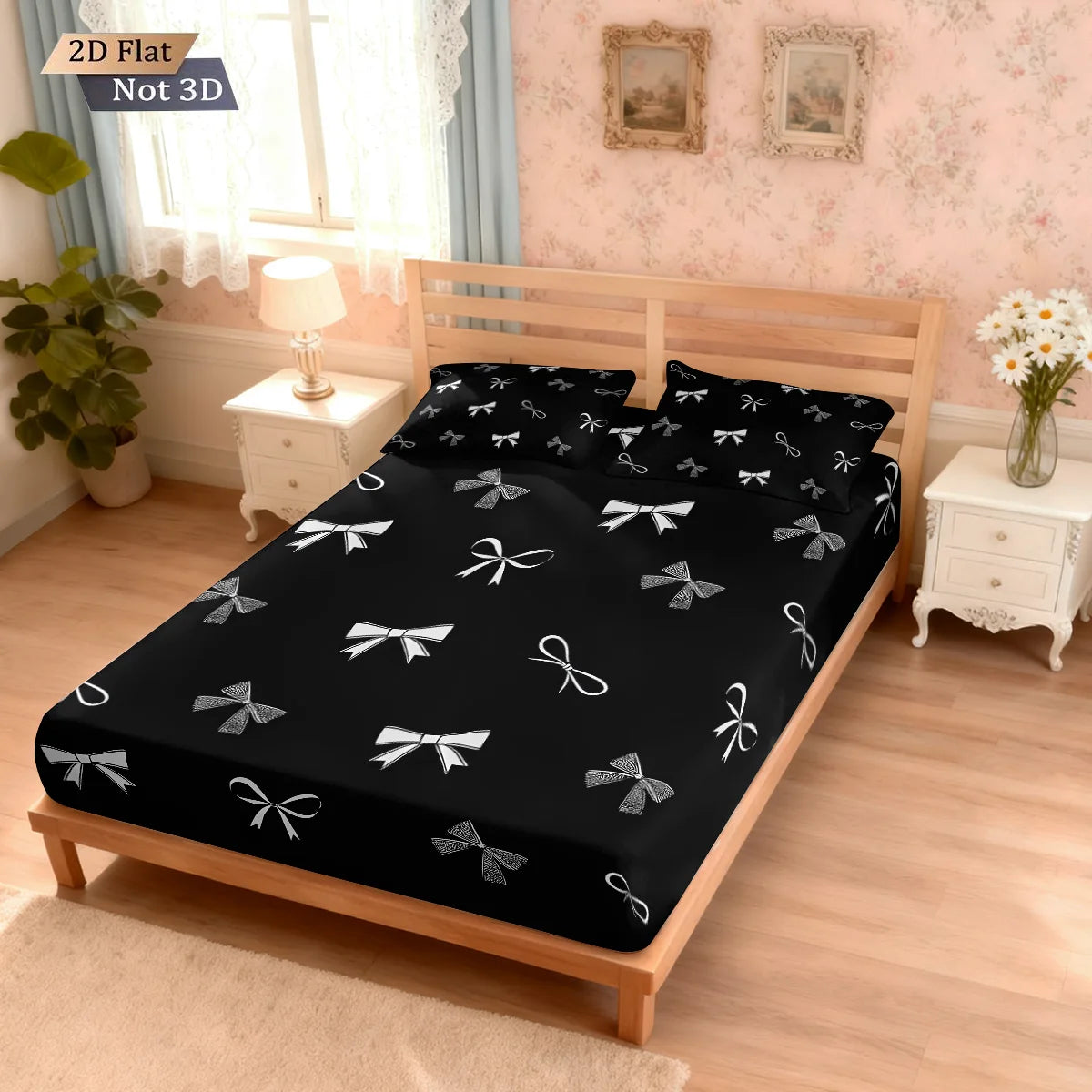 3pcs Beautiful Bow Black Printed Coreless Bed Sheet Set Multi Size Bed Cover Bedroom Bedding Decoration Machine Washable